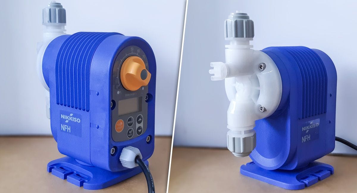 Bơm định lượng hóa chất Nikkiso NFH200 DME M cũng như các dòng trong NFH Series được trang bị bộ điểu chỉnh lưu lượng phía sau bơm.